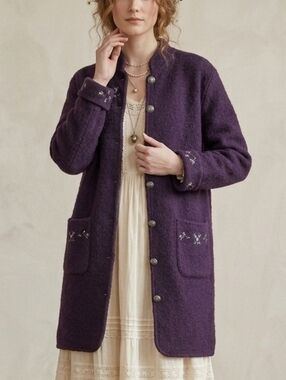 Vintage 100% Wool Long Cardi Coat Purple Embroidered Size L Jacket Boiled Wool